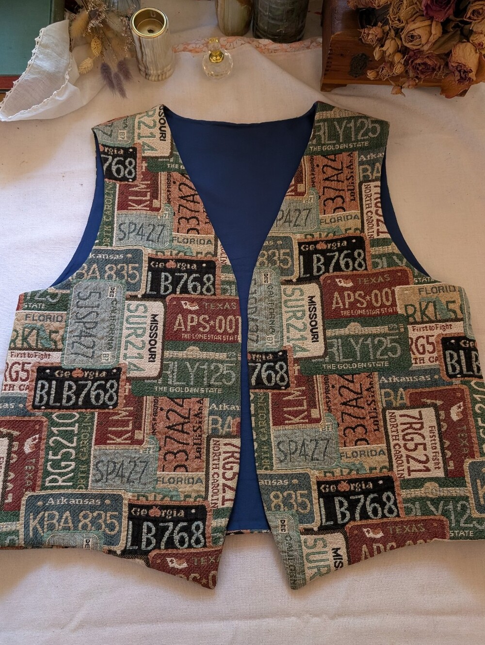 Vintage 90's Tapestry Vest - State License Plates - XL